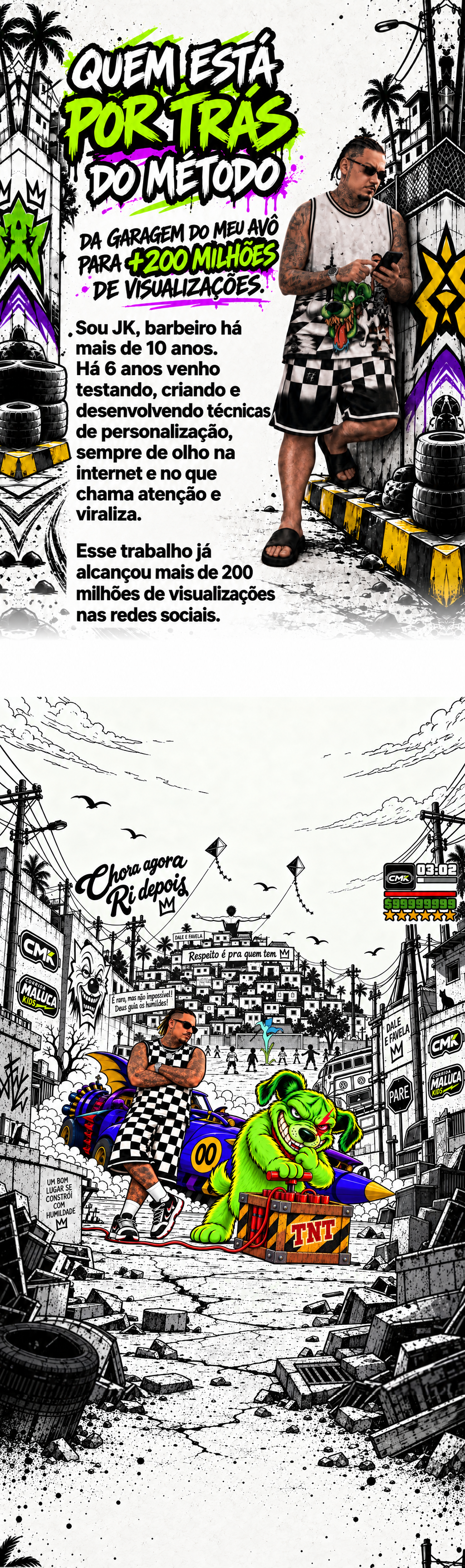 Arte vertical Quem está por trás do método, com JK, o cachorro e o cenário Corrida Maluca.